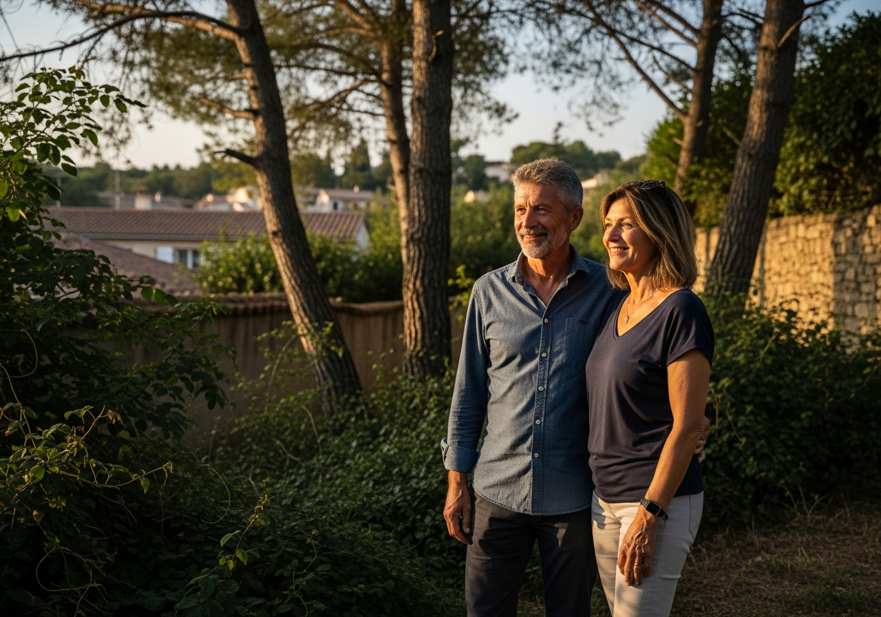 Couple aged 40 to 65 in front of a residential building in France